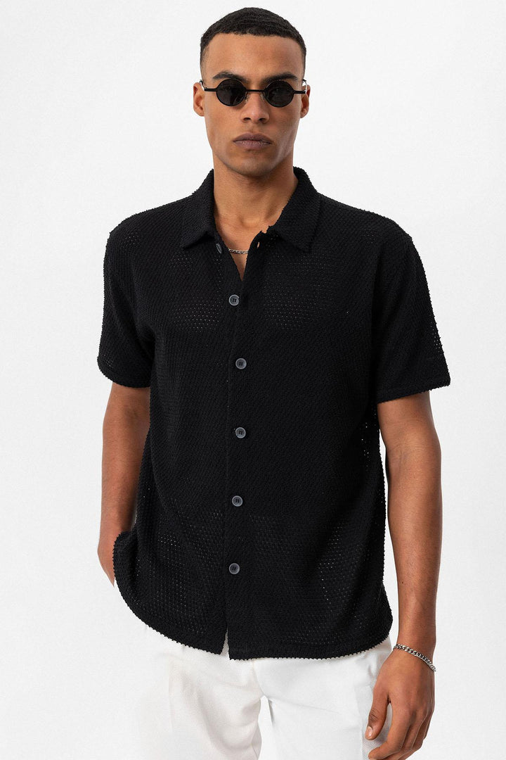 Men's Black Textured Short Sleeve  Shirt - Wessi