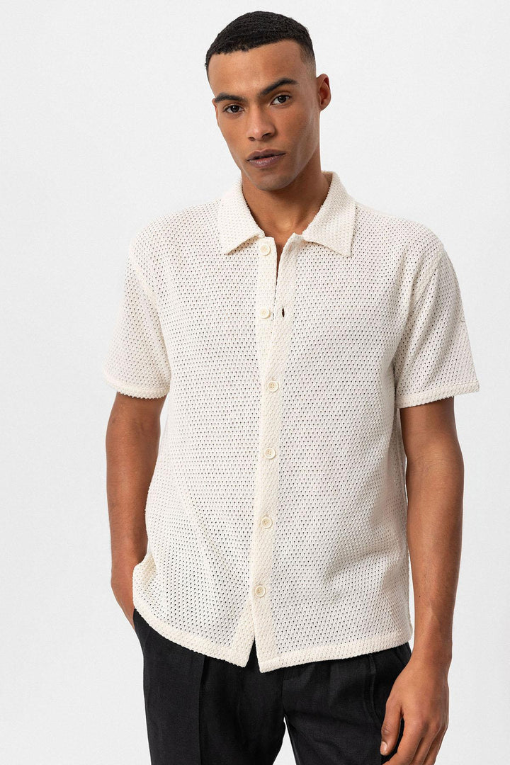 Men's Ecru Textured Short Sleeve  Shirt - Wessi