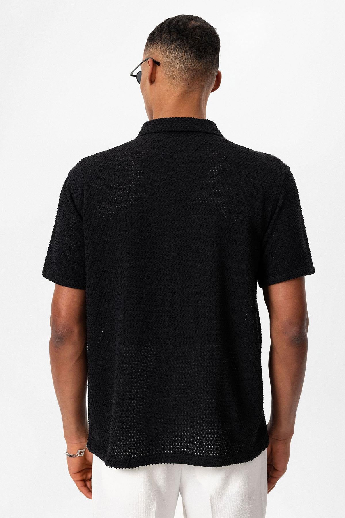 Men's Black Textured Short Sleeve Shirt - Wessi