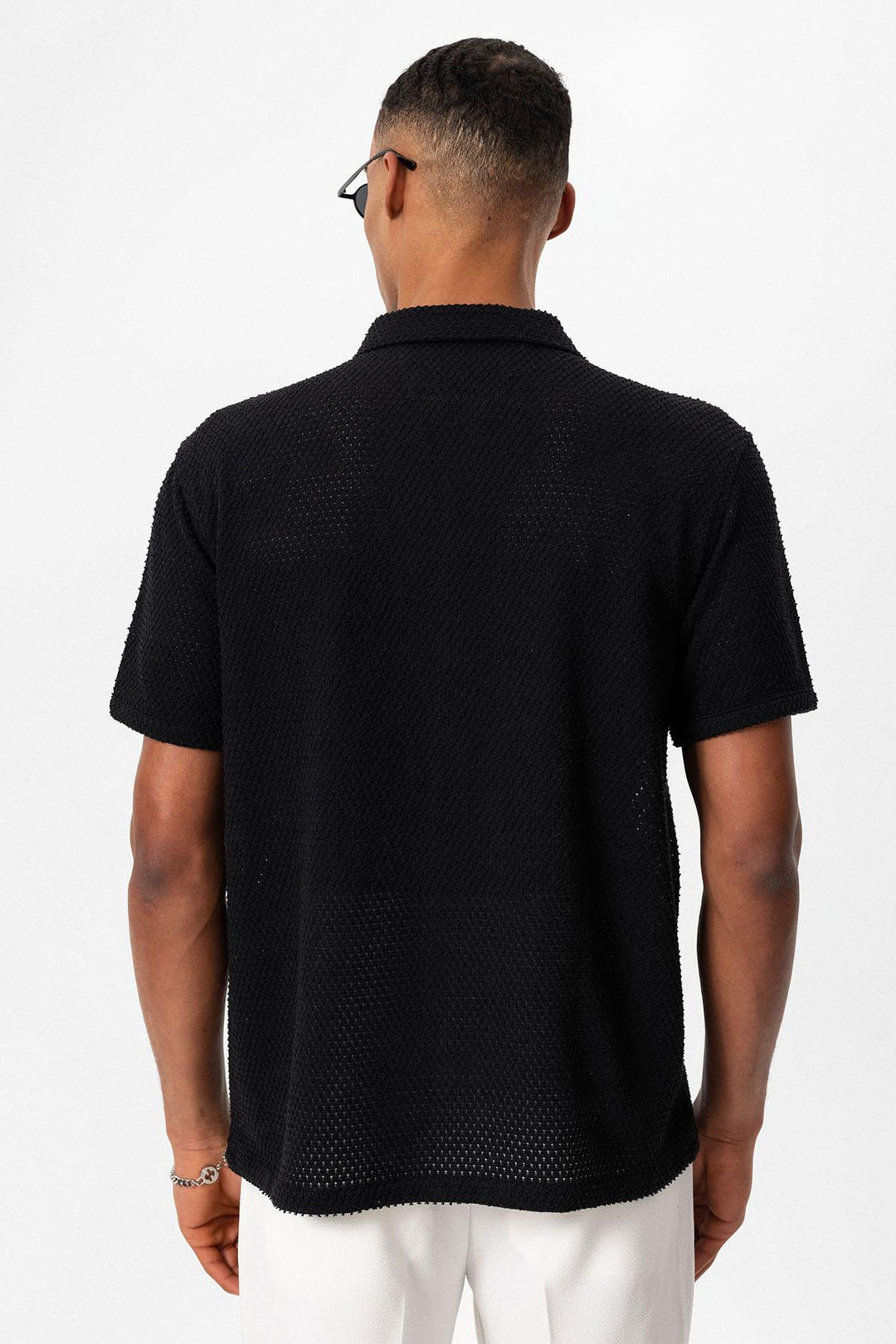 Men's Black Textured Short Sleeve  Shirt - Wessi