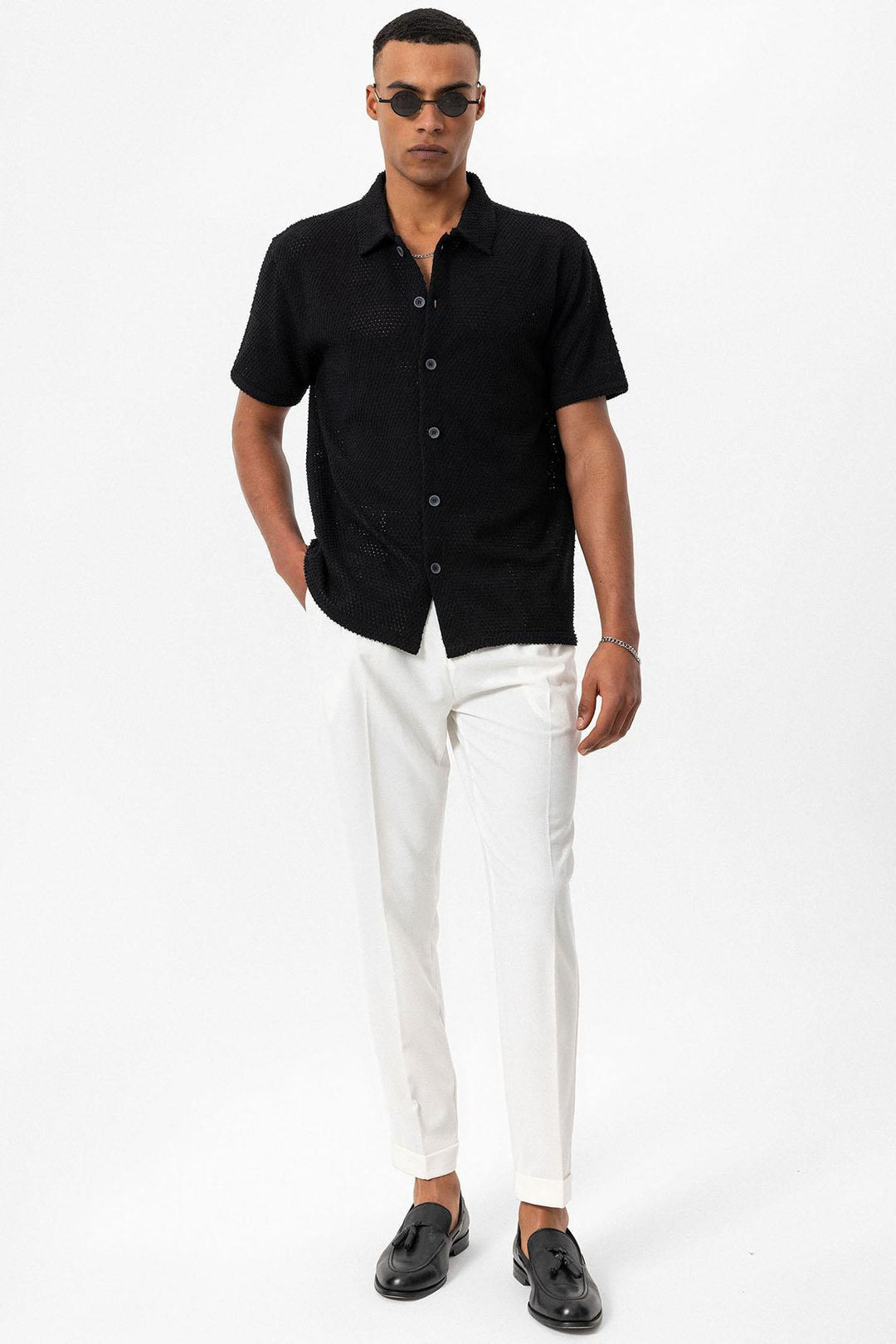 Men's Black Textured Short Sleeve  Shirt - Wessi
