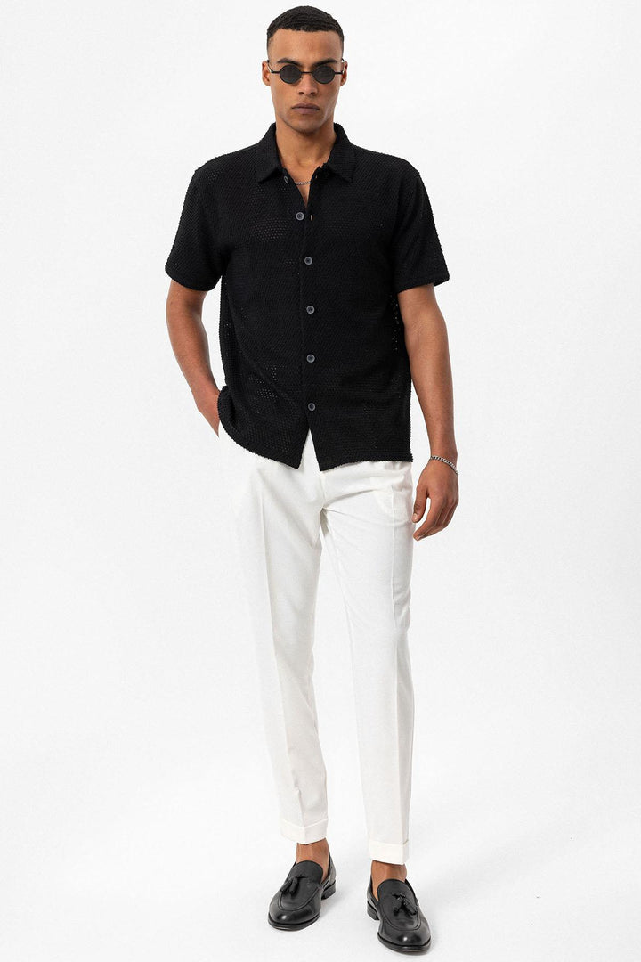 Men's Black Textured Short Sleeve  Shirt - Wessi