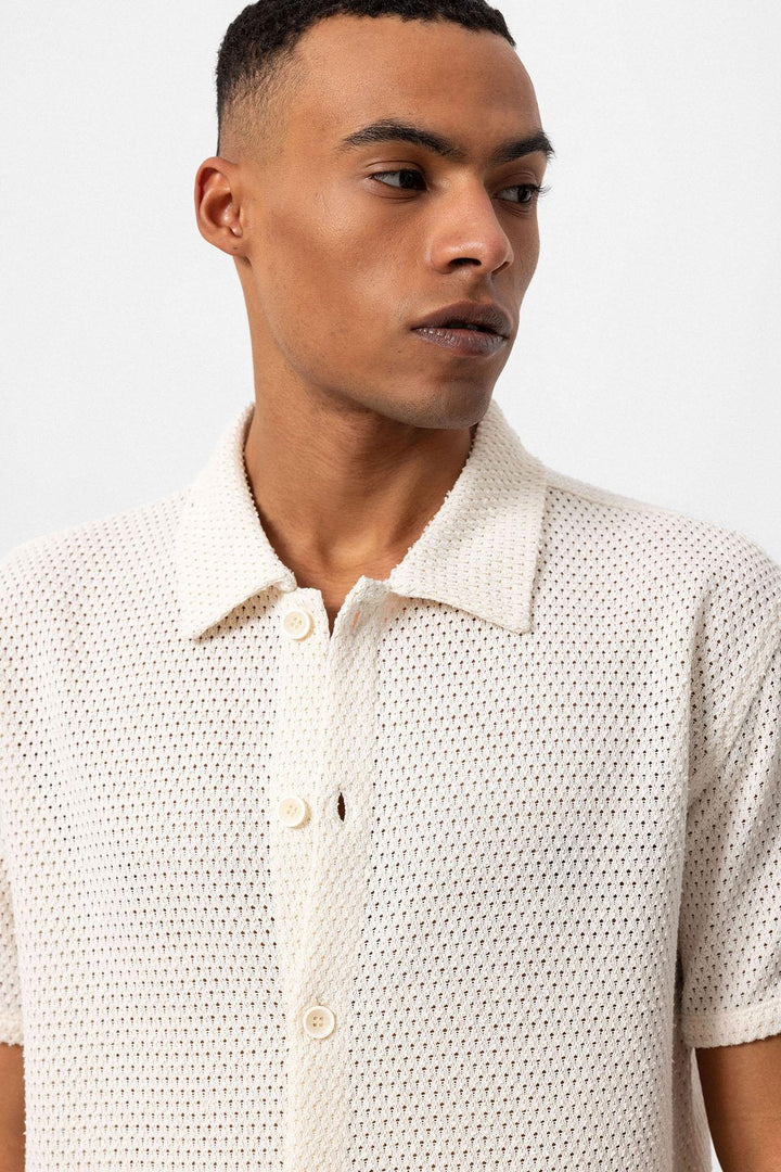 Men's Ecru Textured Short Sleeve  Shirt - Wessi