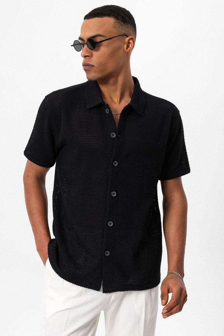 Men's Black Textured Short Sleeve  Shirt - Wessi