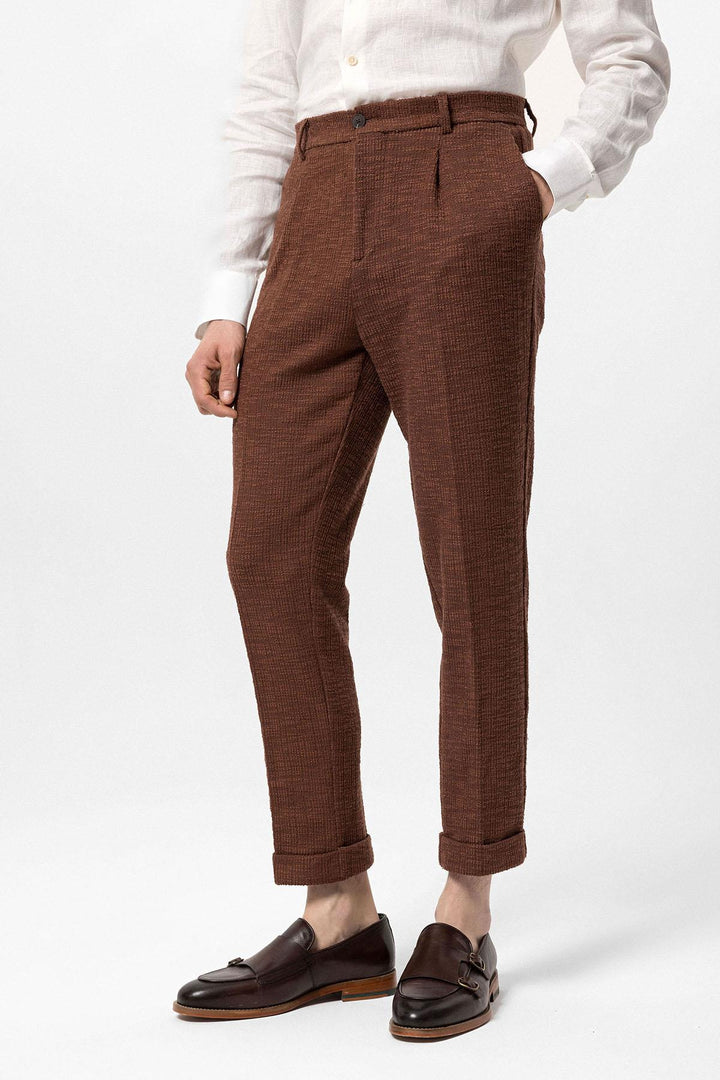 Men's Dark Brown Textured Pleated Double Leg  Trousers - Wessi