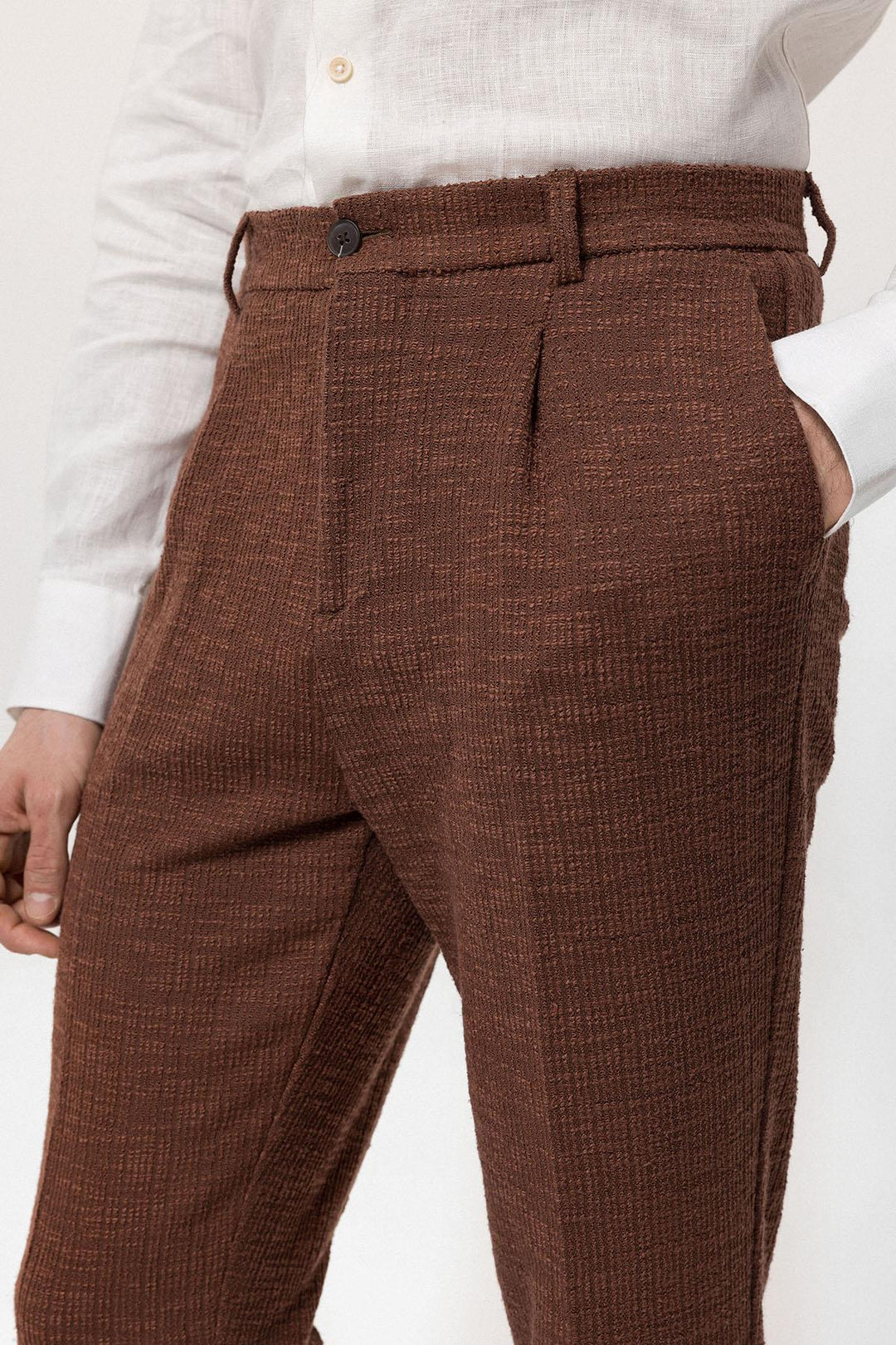 Men's Dark Brown Textured Pleated Double Leg  Trousers - Wessi