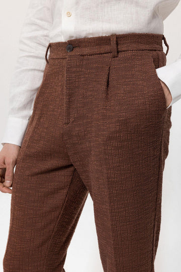Men's Dark Brown Textured Pleated Double Leg  Trousers - Wessi