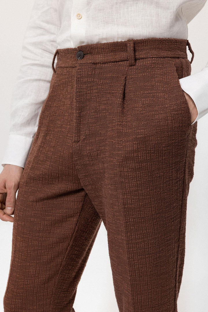 Men's Dark Brown Textured Pleated Double Leg  Trousers - Wessi