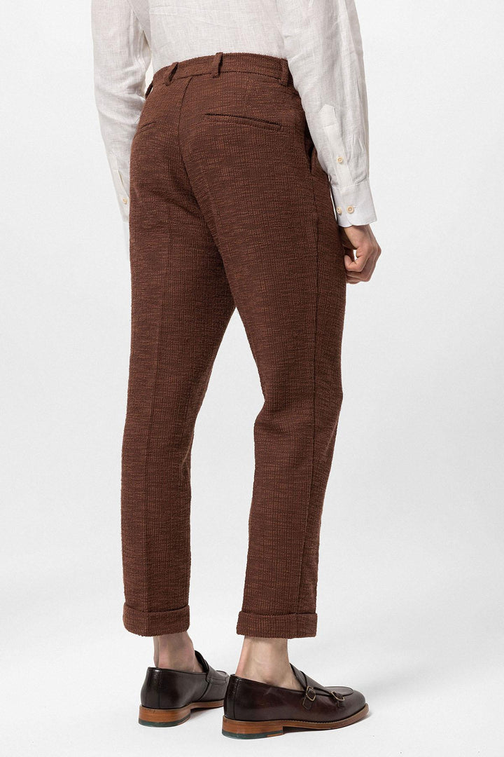 Men's Dark Brown Textured Pleated Double Leg  Trousers - Wessi