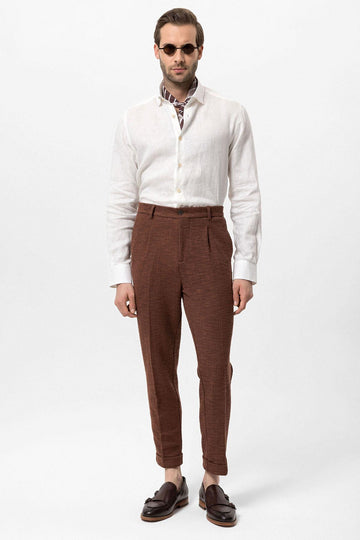 Men's Dark Brown Textured Pleated Double Leg  Trousers - Wessi