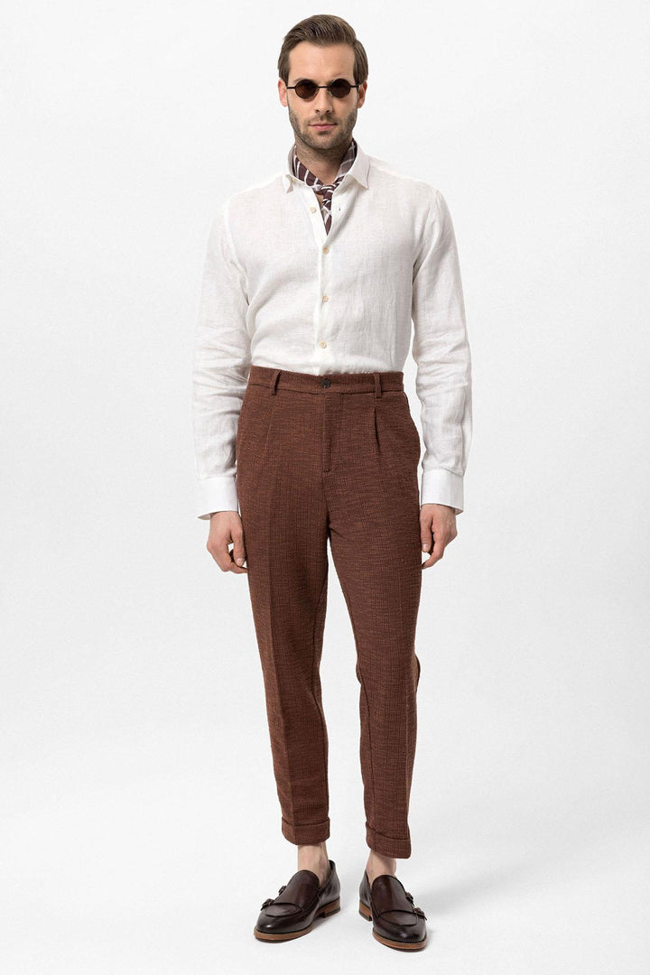 Men's Dark Brown Textured Pleated Double Leg  Trousers - Wessi