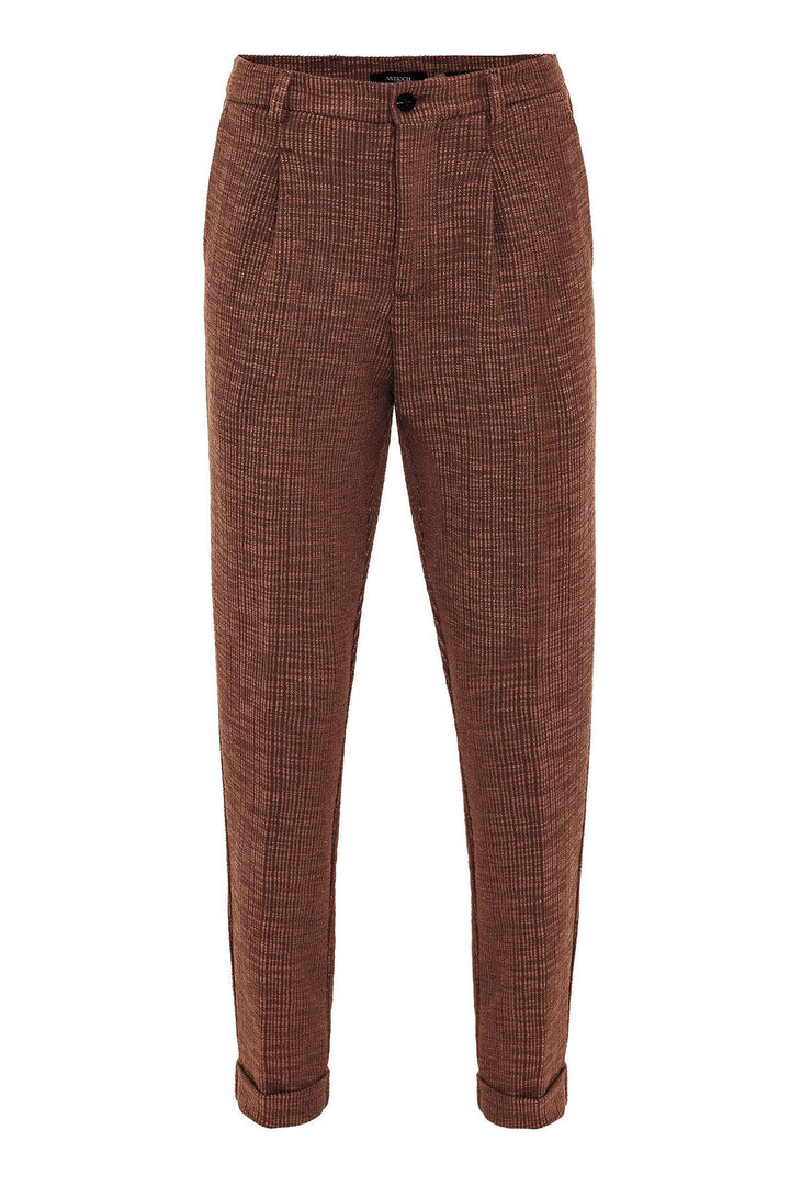 Men's Dark Brown Textured Pleated Double Leg  Trousers - Wessi