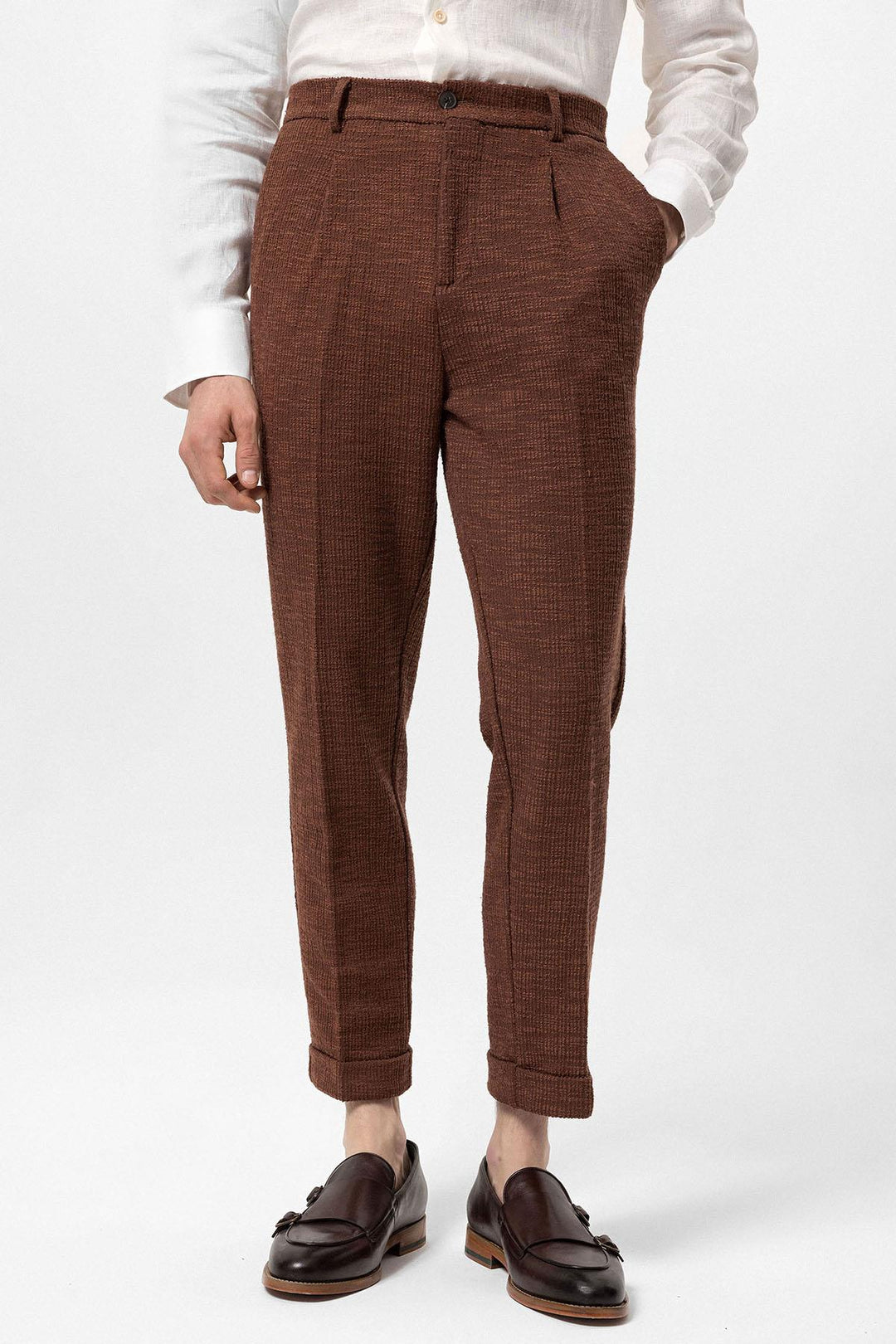 Men's Dark Brown Textured Pleated Double Leg  Trousers - Wessi