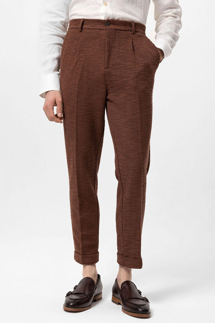Men's Dark Brown Textured Pleated Double Leg  Trousers - Wessi