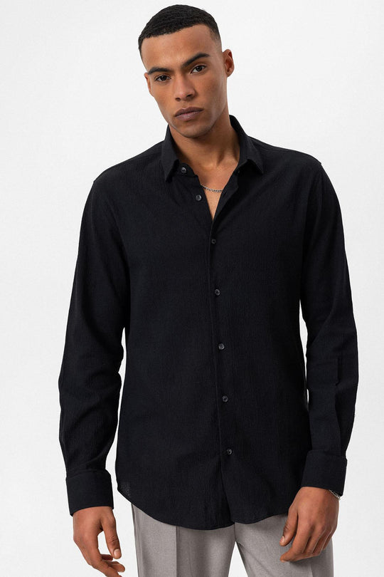 Men's Black Textured Regular Fit  Shirt - Wessi