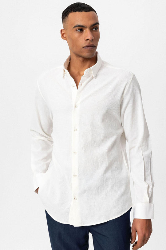 Men's White Textured Regular Fit  Shirt - Wessi