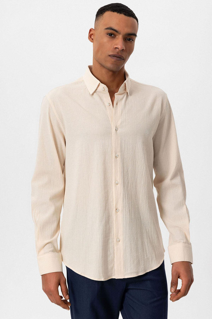 Men's Ecru Textured Regular Fit  Shirt - Wessi