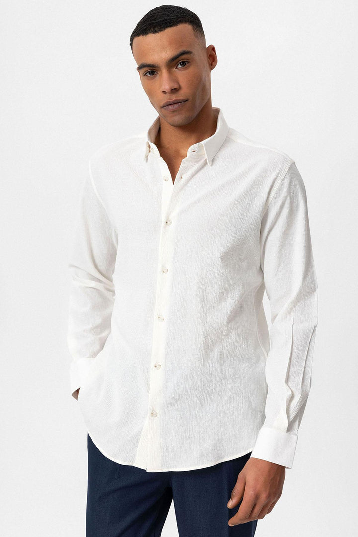Men's White Textured Regular Fit  Shirt - Wessi