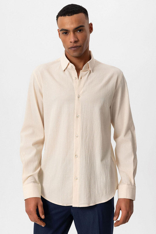 Men's Ecru Textured Regular Fit  Shirt - Wessi