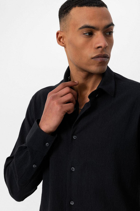 Men's Black Textured Regular Fit  Shirt - Wessi