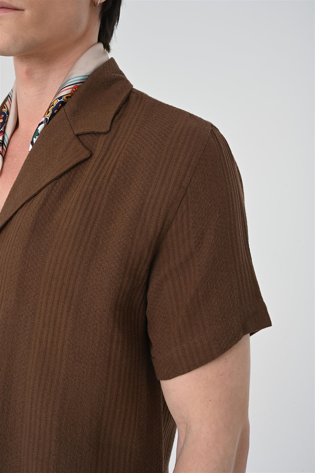 Men's Brown Woven Patterned Short Sleeve  Shirt - Wessi