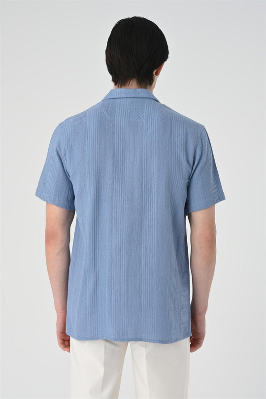 Camicia a maniche corte con fantasia intrecciata azzurra da uomo - Wessi