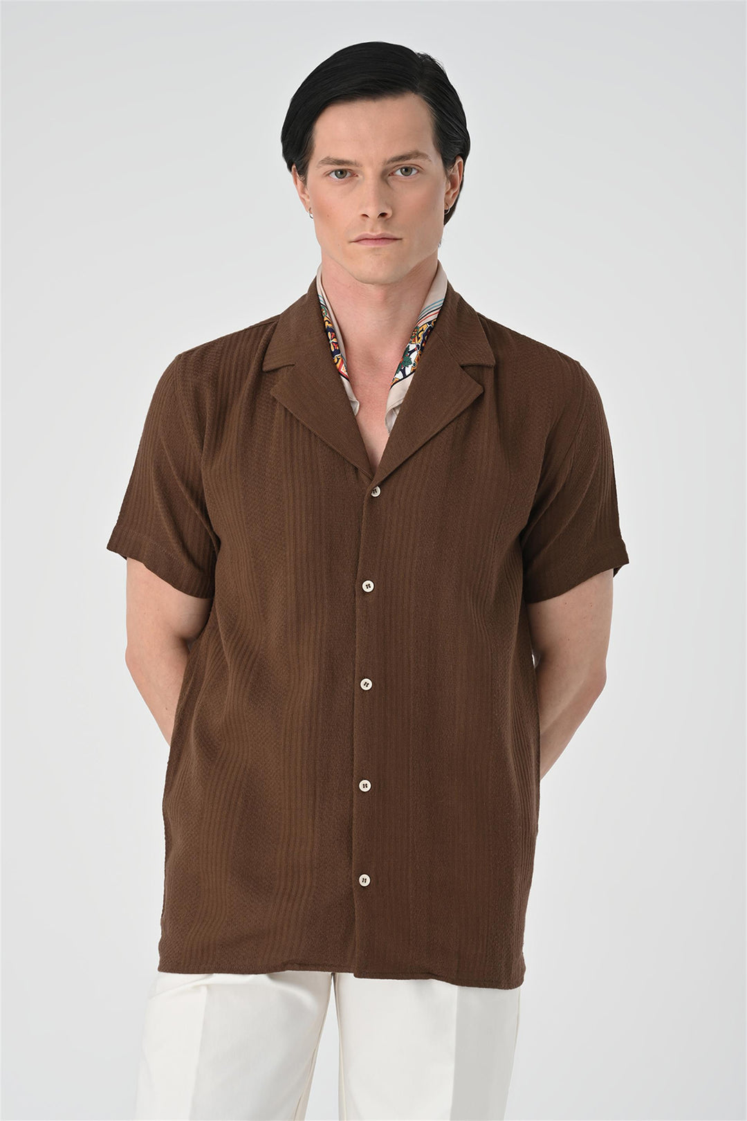 Men's Brown Woven Patterned Short Sleeve  Shirt - Wessi