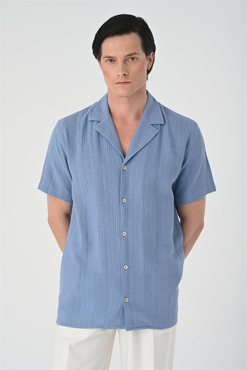 Camicia a maniche corte con fantasia intrecciata azzurra da uomo - Wessi