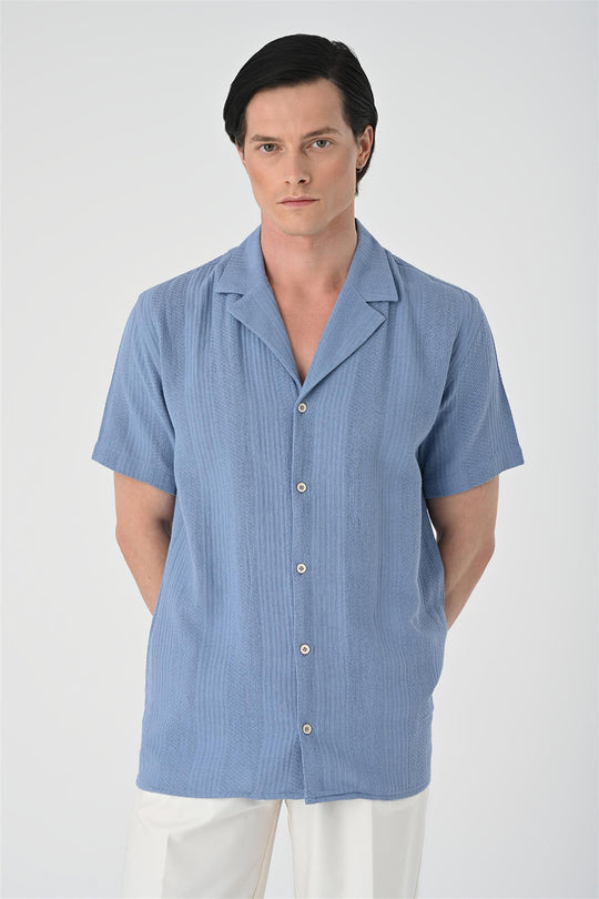 Camicia a maniche corte con fantasia intrecciata azzurra da uomo - Wessi