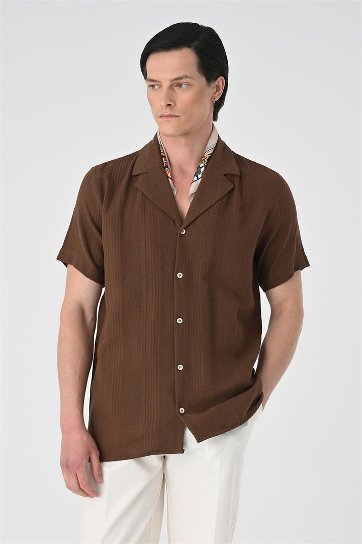 Men's Brown Woven Patterned Short Sleeve  Shirt - Wessi