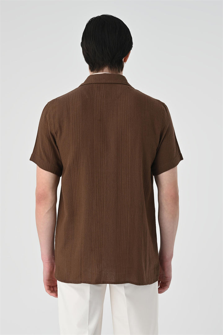 Men's Brown Woven Patterned Short Sleeve  Shirt - Wessi