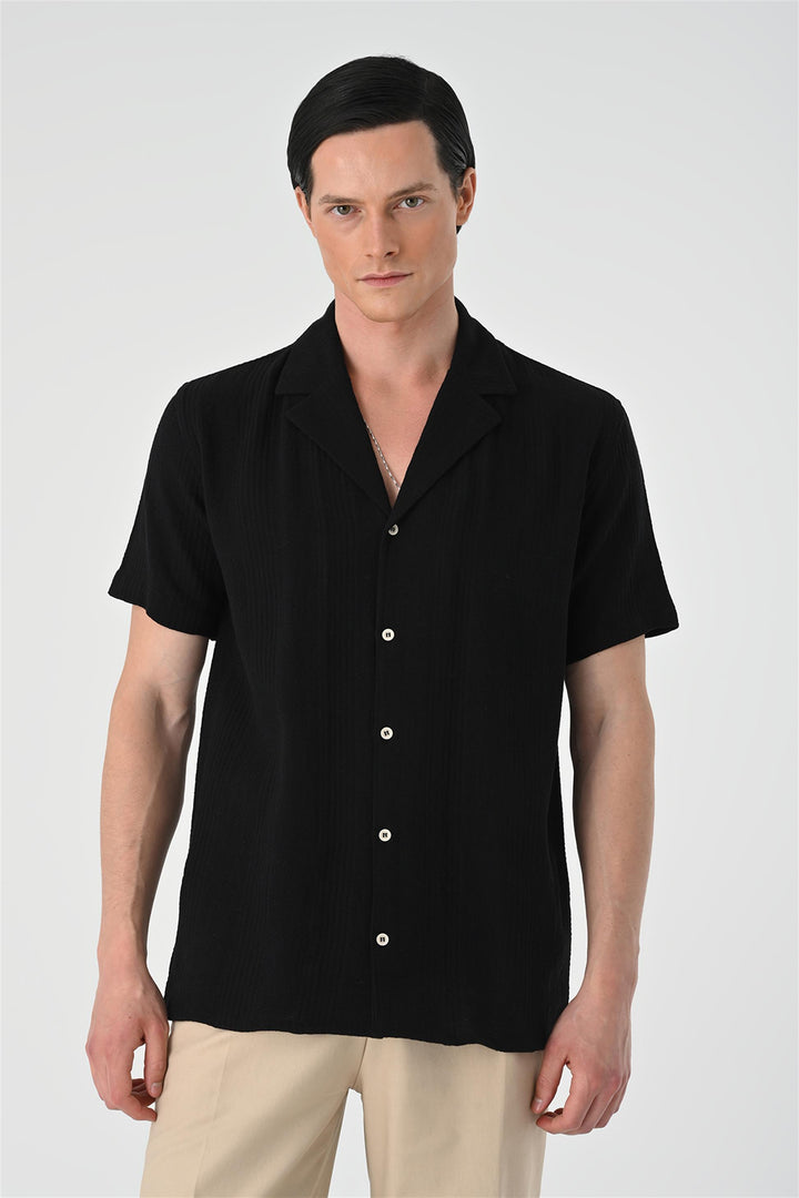 Men's Black Woven Patterned Short Sleeve  Shirt - Wessi
