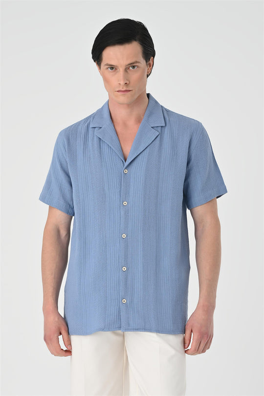 Camicia a maniche corte con fantasia intrecciata azzurra da uomo - Wessi