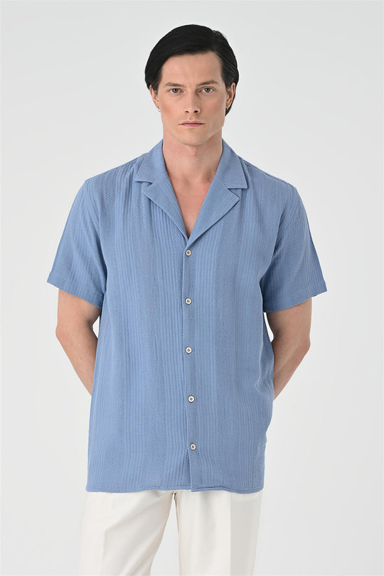 Camicia a maniche corte con fantasia intrecciata azzurra da uomo - Wessi