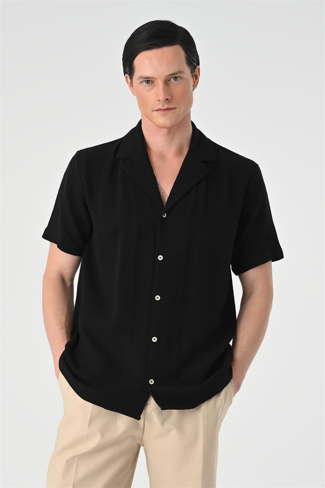 Men's Black Woven Patterned Short Sleeve  Shirt - Wessi