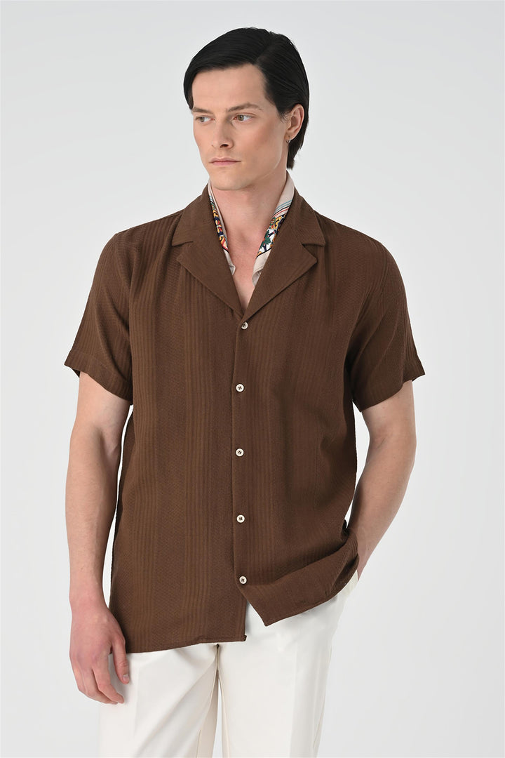 Men's Brown Woven Patterned Short Sleeve  Shirt - Wessi