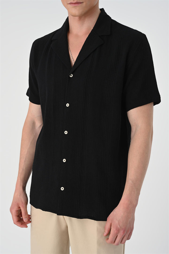 Men's Black Woven Patterned Short Sleeve  Shirt - Wessi
