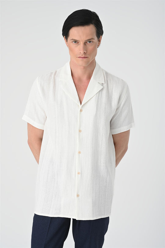Camicia a maniche corte con motivo intrecciato bianco da uomo - Wessi