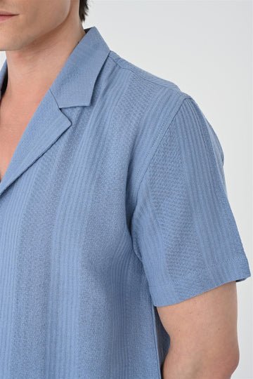 Camicia a maniche corte con fantasia intrecciata azzurra da uomo - Wessi