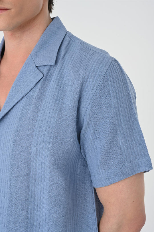 Camicia a maniche corte con fantasia intrecciata azzurra da uomo - Wessi