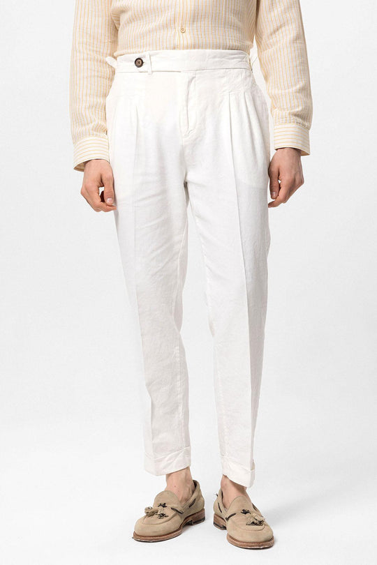 Men's White Cuffed High-Waisted  Pants - Wessi