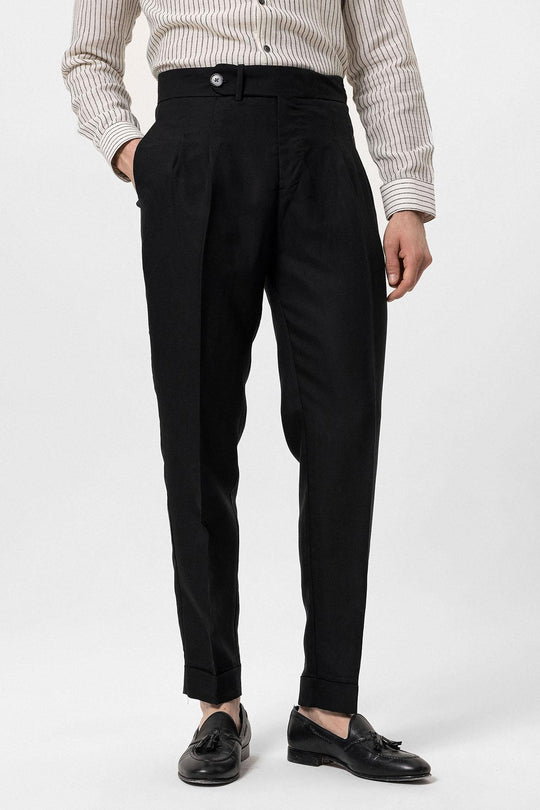 Men's Black Cuffed High-Waisted  Pants - Wessi