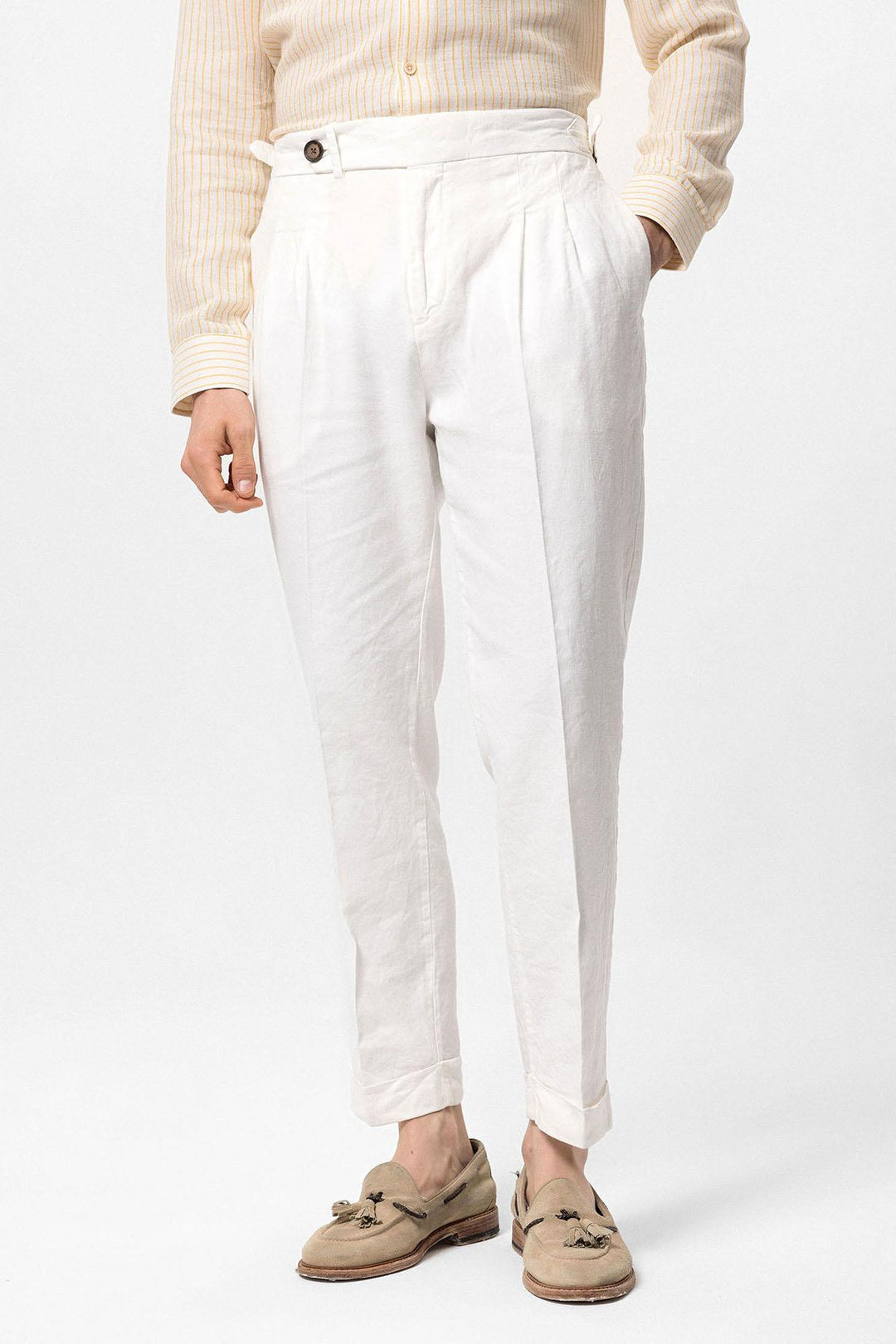 Pantalon Taille Haute Blanc à Revers Homme Wessi