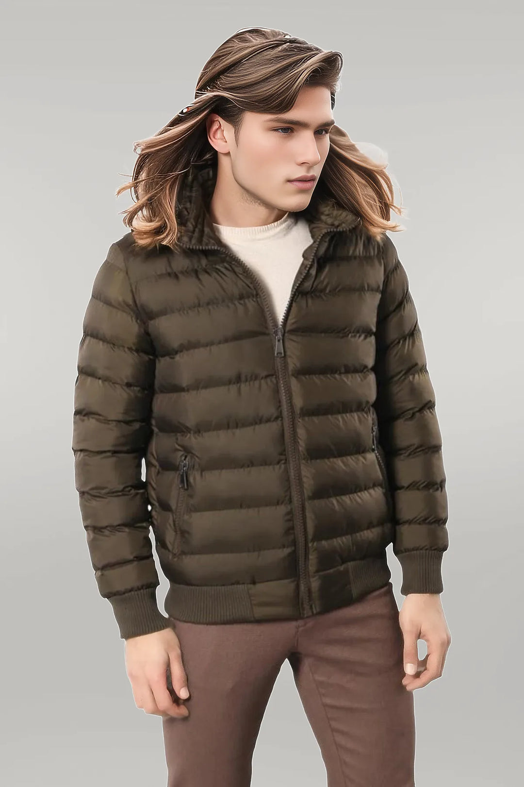 Khaki puffer coat with fur hood online
