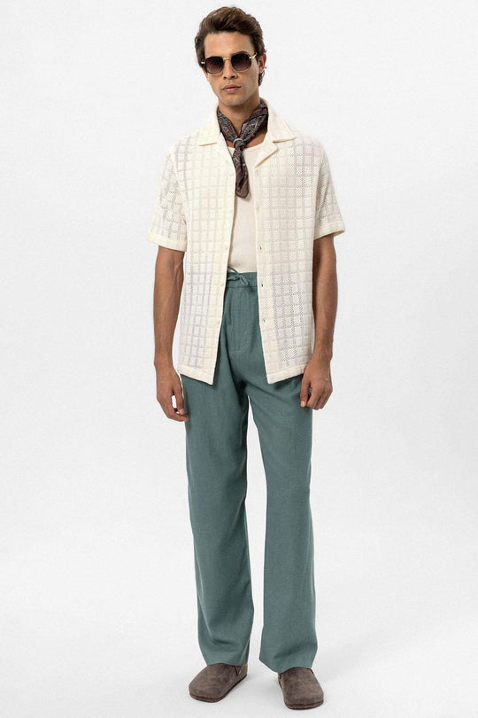 Men's Ecru Camp Collar Woven Shirt - Wessi