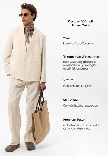 Men's Ecru Linen Blend Double-Breasted Jacket - Wessi