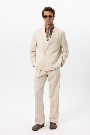Men's Ecru Linen Blend Double-Breasted Jacket - Wessi