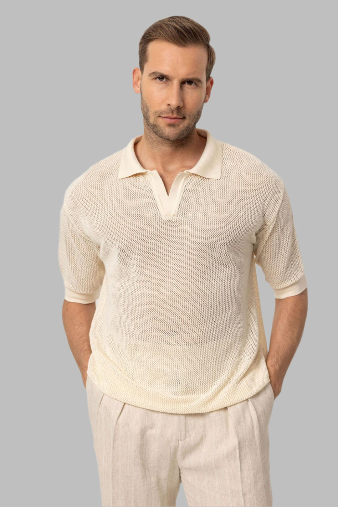 Men's Ecru Polo Collar Knit T-Shirt Wessi