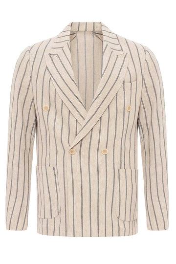 Men's Ecru-Black Linen Blend Double-Breasted Jacket - Wessi