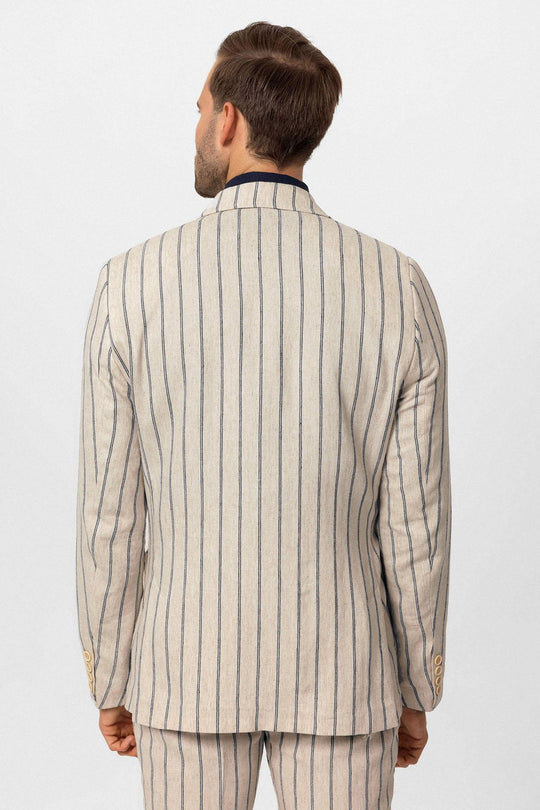 Men's Ecru-Black Linen Blend Double-Breasted Jacket - Wessi